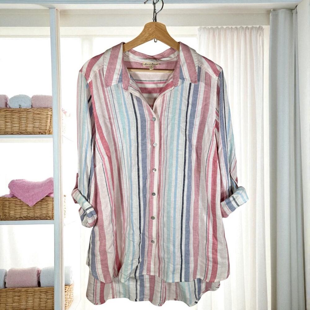 Jane and Delancey Women's 1X Linen Blend Roll Sleeve Button Front Blouse READ